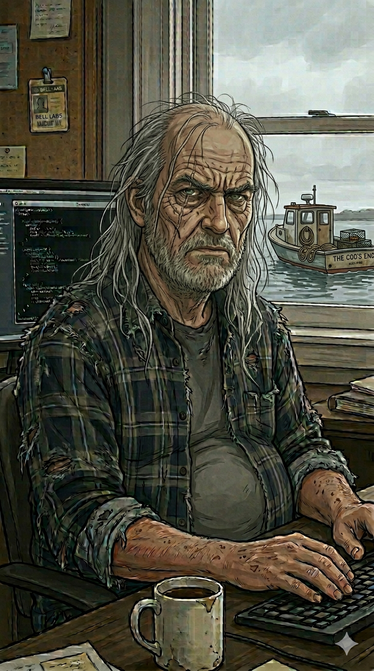 Gemini-generated portrait of Bram, a grizzled software engineer in a flannel shirt, sitting at a desk with a coffee mug and keyboard